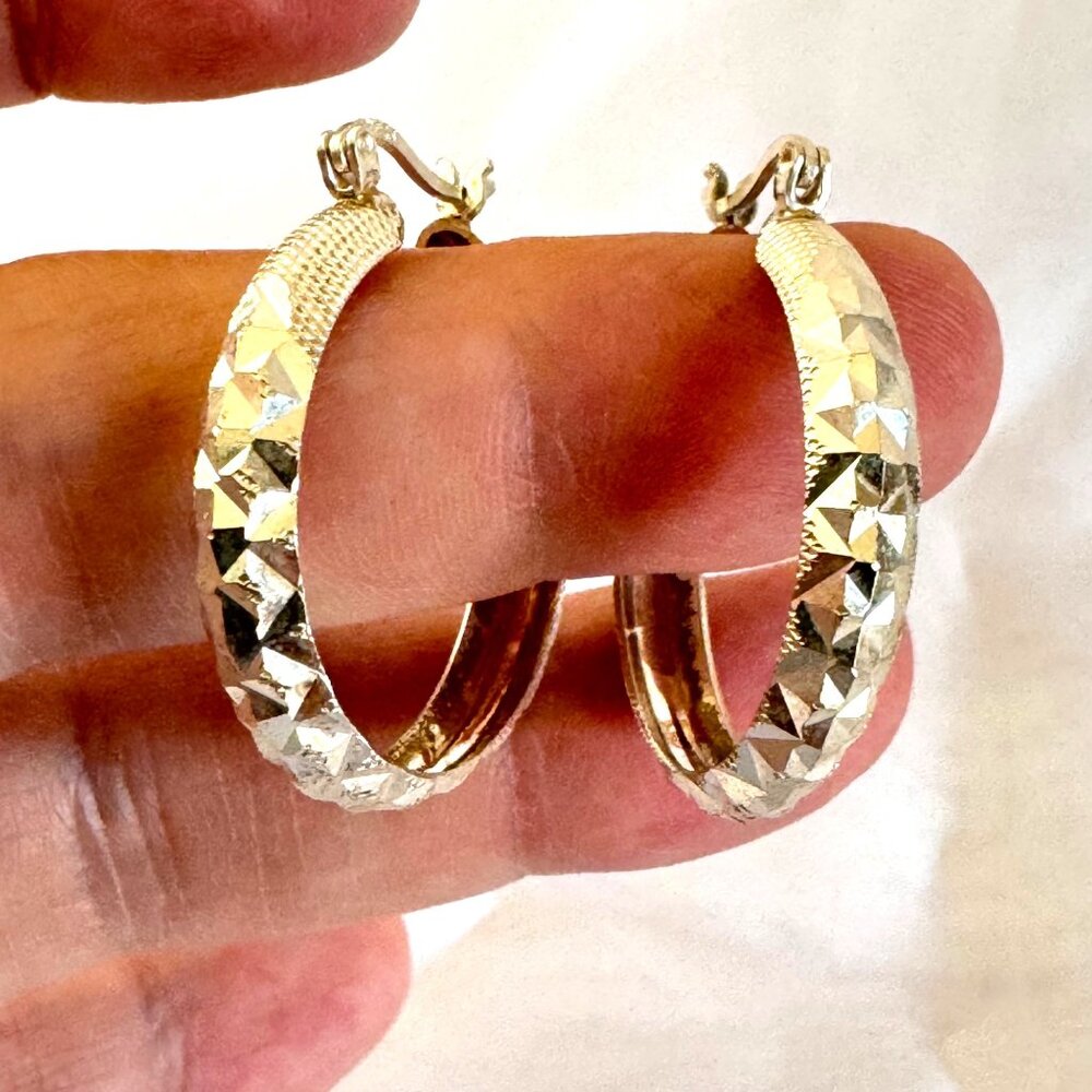 Geometric Texture Hoop Earrings Hinged Posts 925 Sterling Silver 1.25'' Length